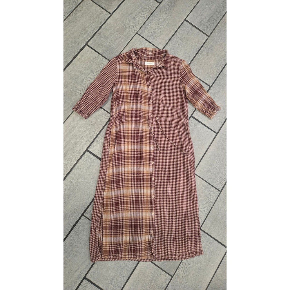 Treasure & Bond Mixed Plaid Gingham Cotton Midi Shirt Dress Burgundy Tan Small